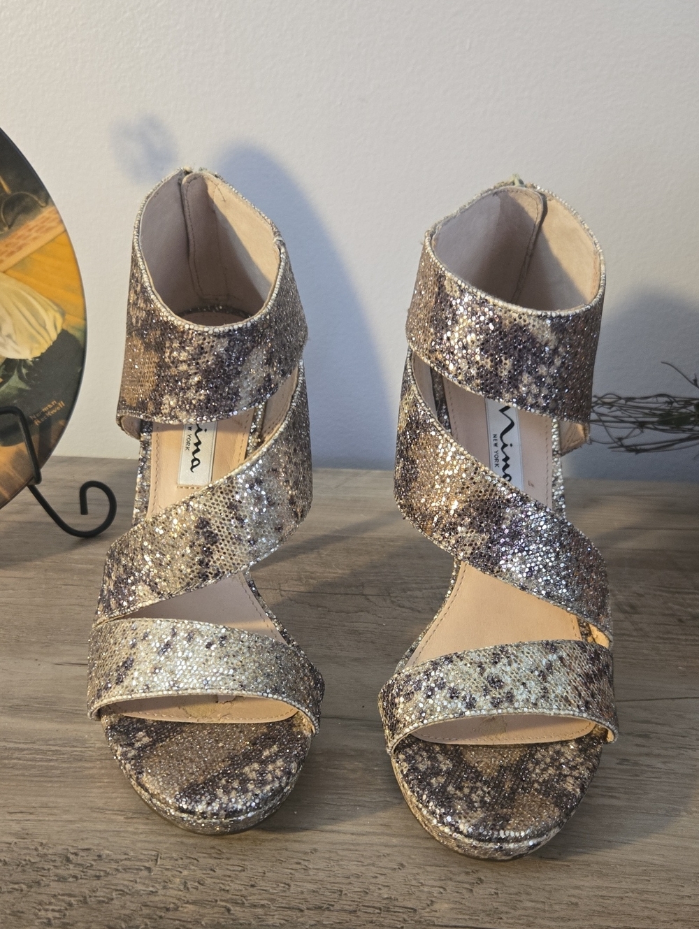 Nina Metallic Glitter Wrap Sandals in Gold - 4 1/2 In Heels